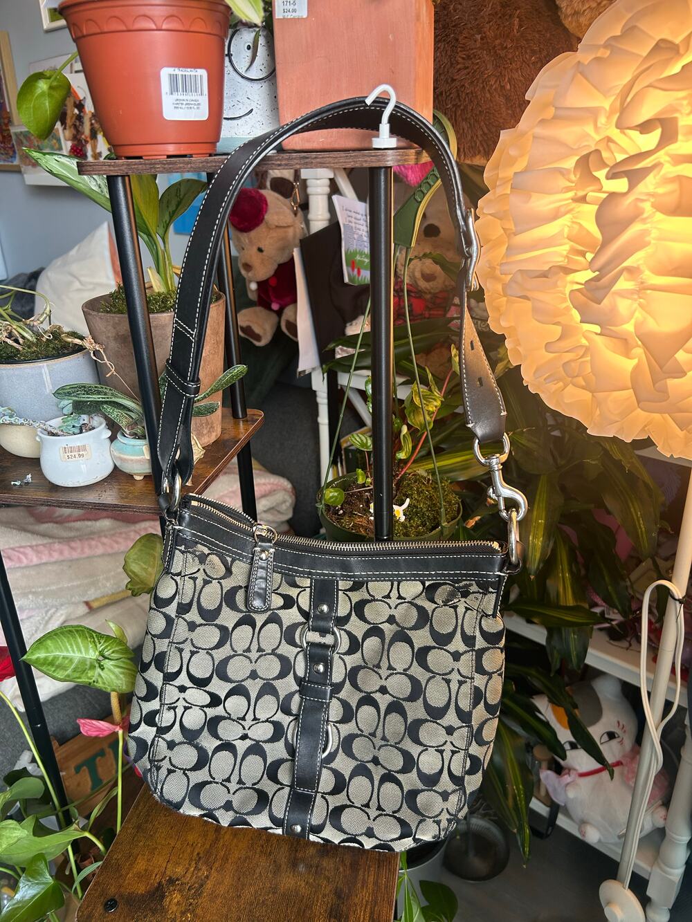 Vintage Coach signature jacquard buckle shoulder bag black & grey canvas & leath
